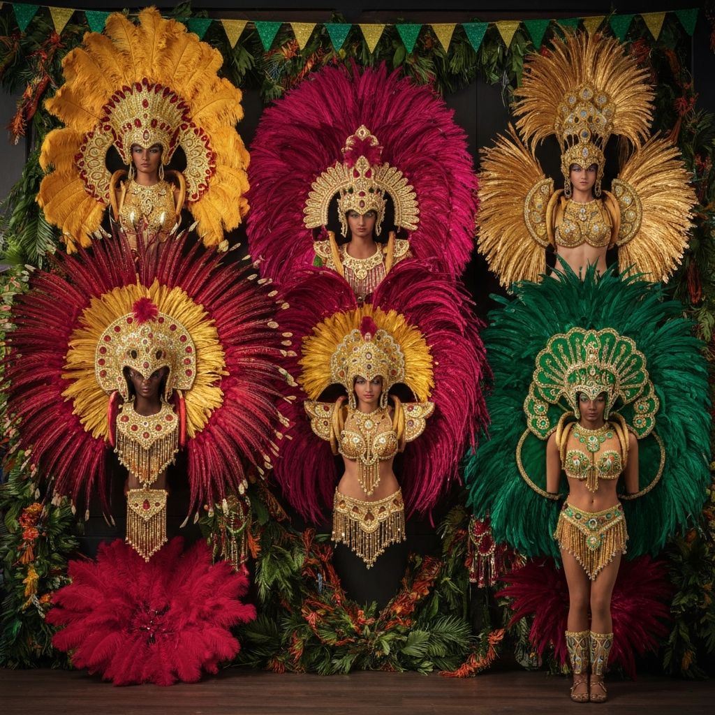 Ornate Brazilian Samba carnival costumes — crimson and gold feathered headdresses representing the culture Gianne Abbott teaches